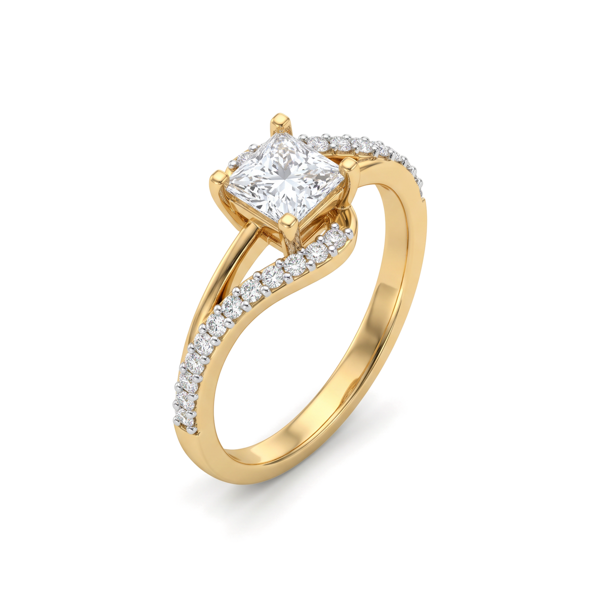 Bypass Swirl Pavé Shank Princess and Round Diamond Ring