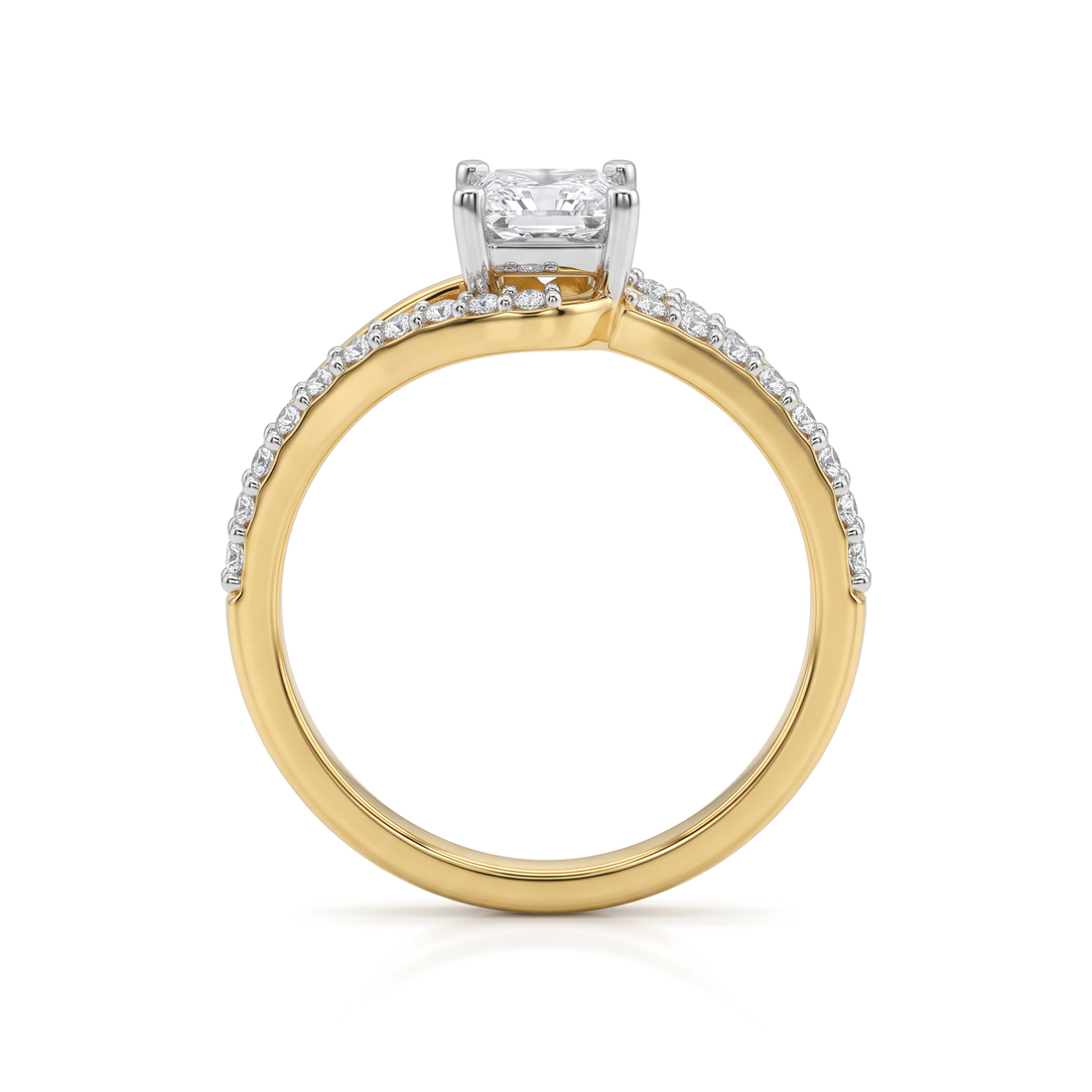 Bypass Swirl Pavé Shank Princess and Round Diamond Ring