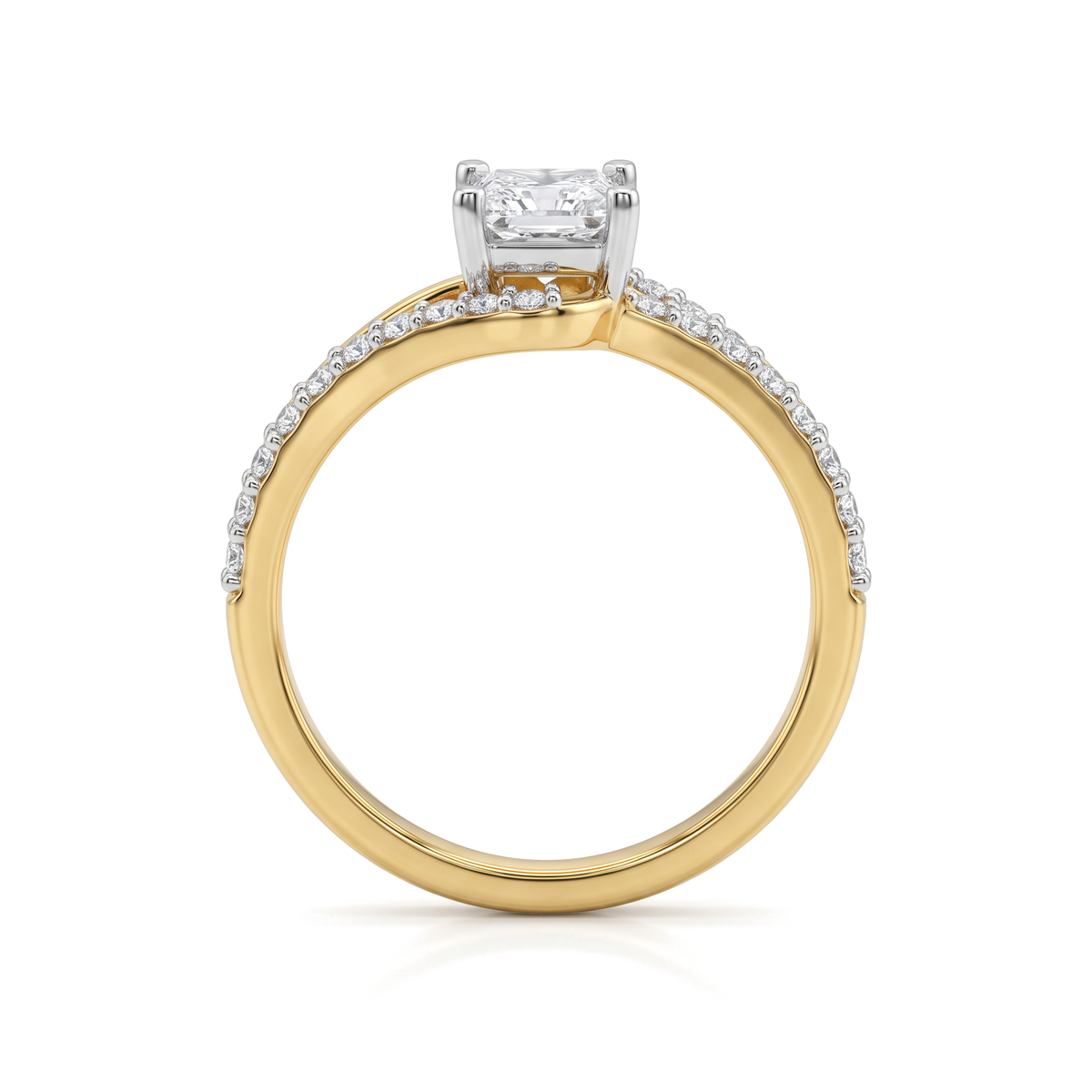 Bypass Swirl Pavé Shank Princess and Round Diamond Ring