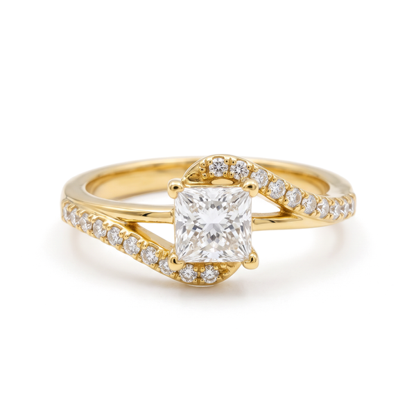 Bypass Swirl Pavé Shank Princess and Round Diamond Ring