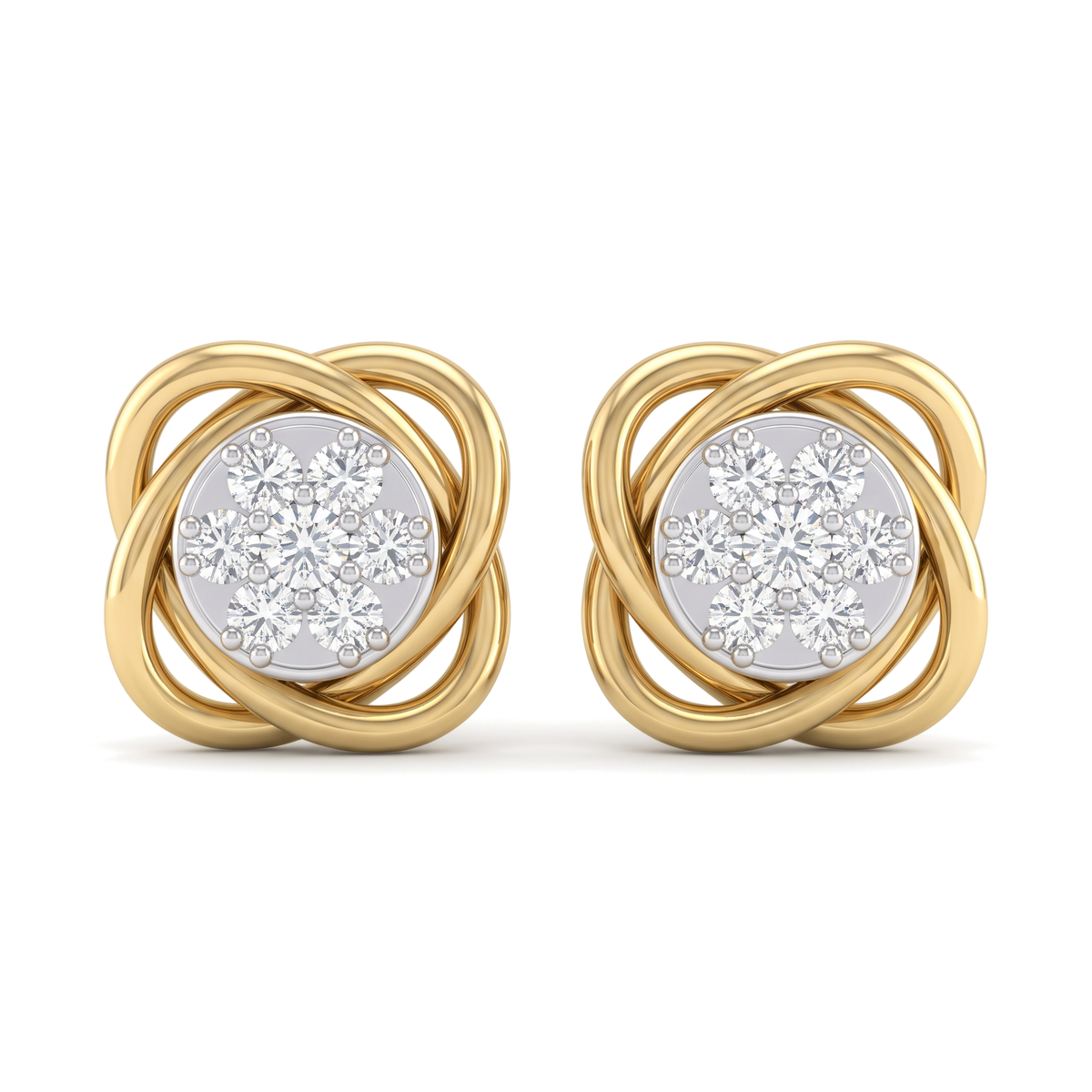Swirl Floral Cluster Round Diamond Stud Earrings