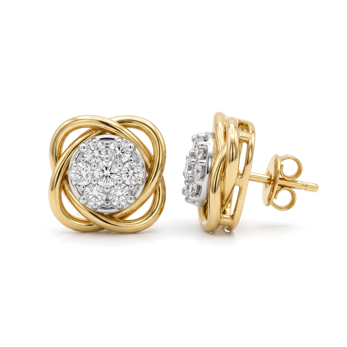 Swirl Floral Cluster Round Diamond Stud Earrings