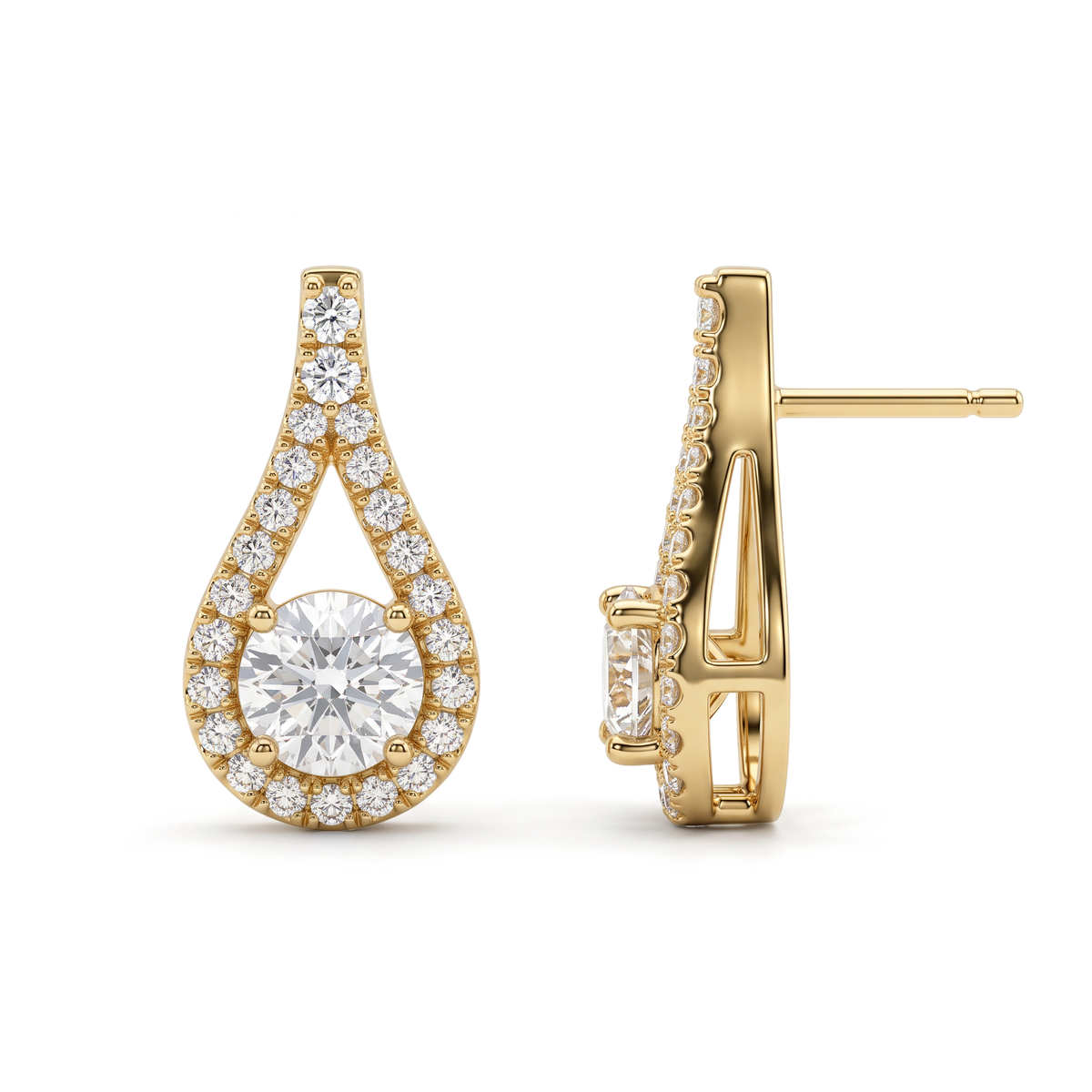 Floating Pear Halo Solitaire Round Diamond Stud Earrings