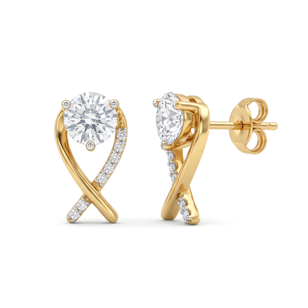 Crossover Ribbon Solitaire Round Diamond Stud Earrings