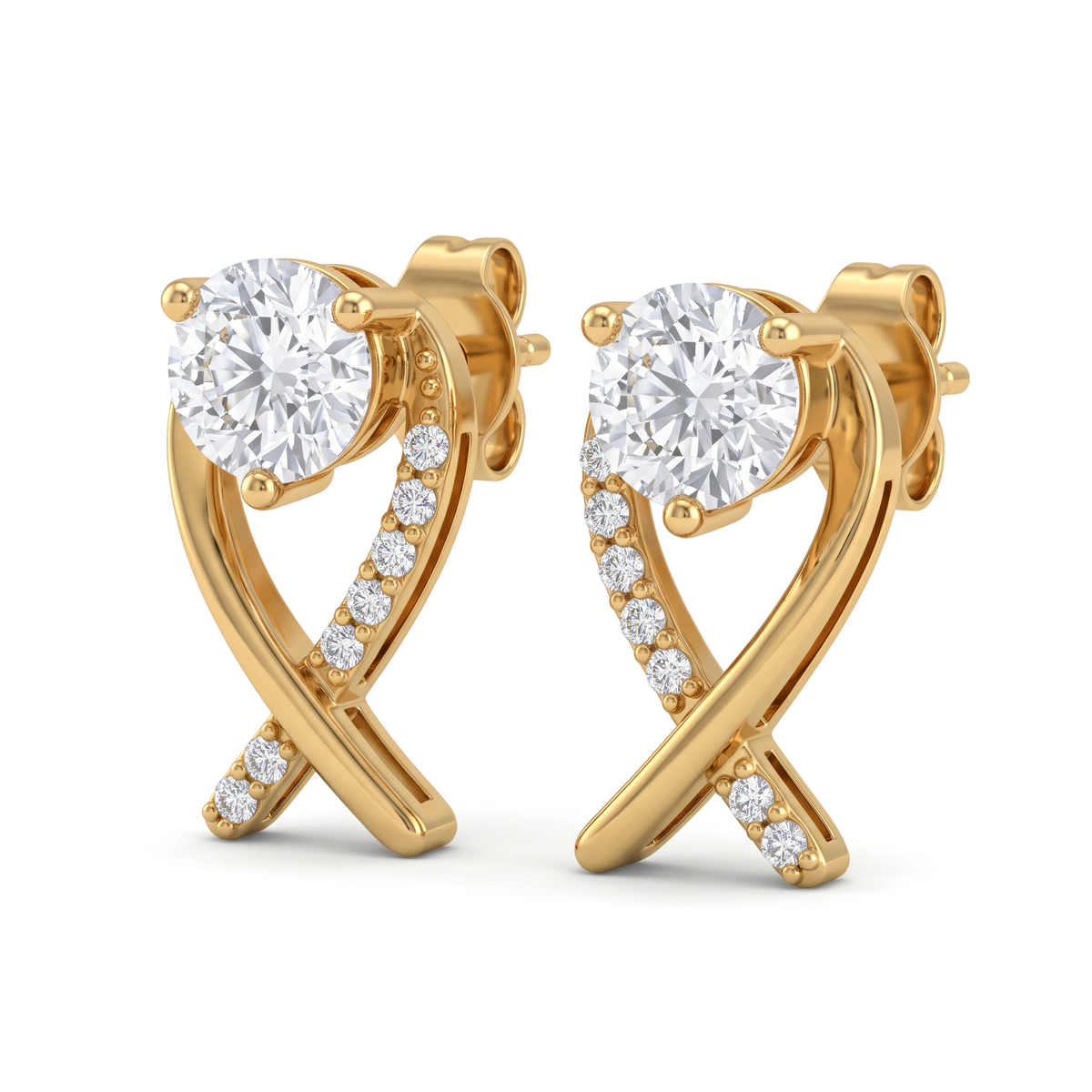 Crossover Ribbon Solitaire Round Diamond Stud Earrings