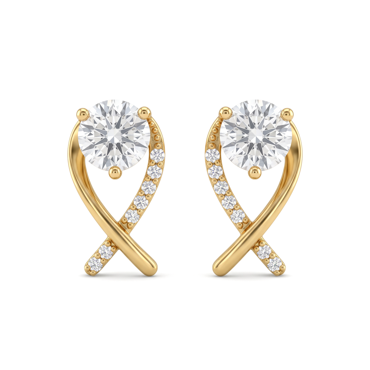 Crossover Ribbon Solitaire Round Diamond Stud Earrings