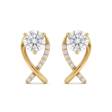 Crossover Ribbon Solitaire Round Diamond Stud Earrings
