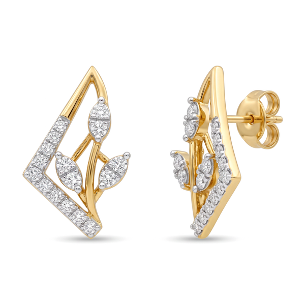 Geometric Foliage Leaf Frame Round Diamond Stud Earrings