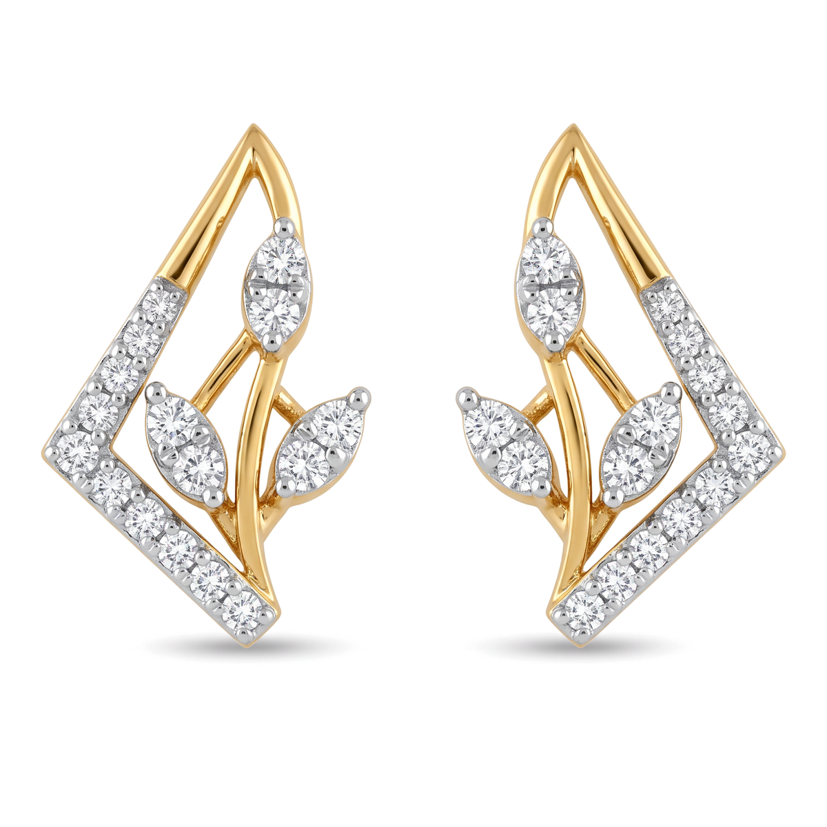 Geometric Foliage Leaf Frame Round Diamond Stud Earrings