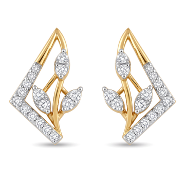 Geometric Foliage Leaf Frame Round Diamond Stud Earrings