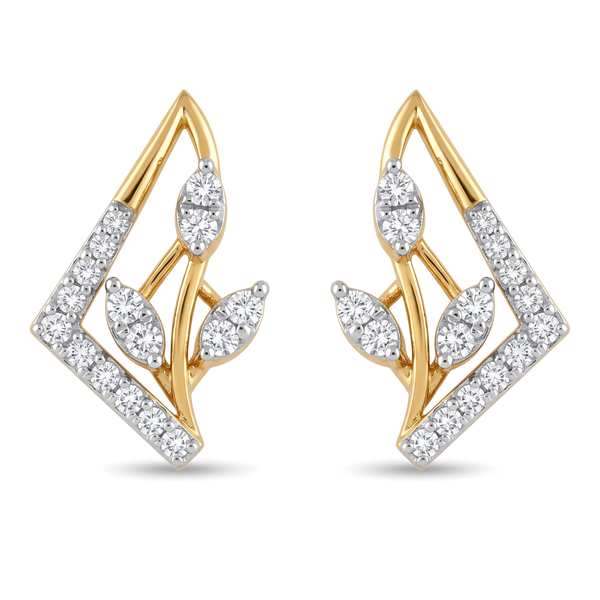 Geometric Foliage Leaf Frame Round Diamond Stud Earrings