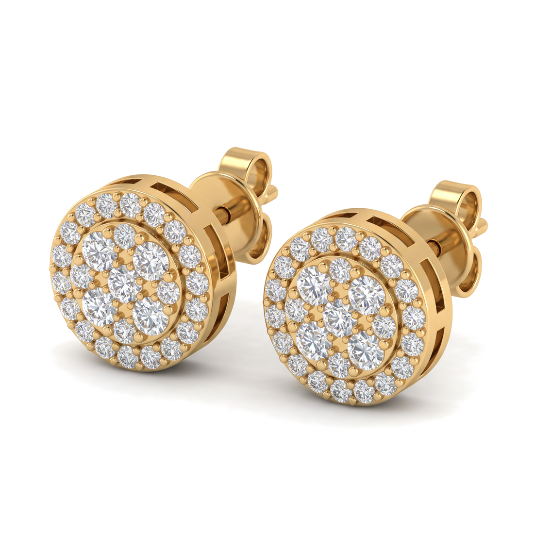 Circular Halo Floral Cluster Round Diamond Stud Earrings
