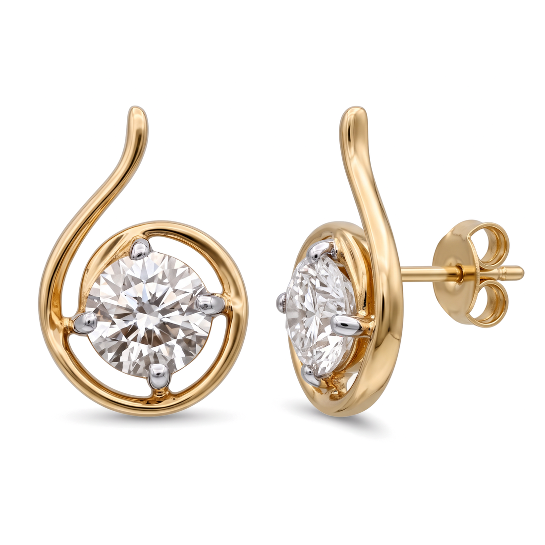 Spiral Wave Swirl Solitaire Round Diamond Stud Earrings