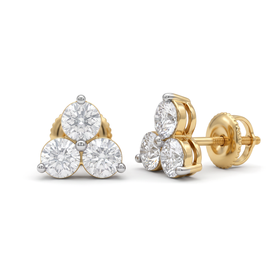 Three Stone Trefoil Floral Cluster Round Diamond Stud Earrings