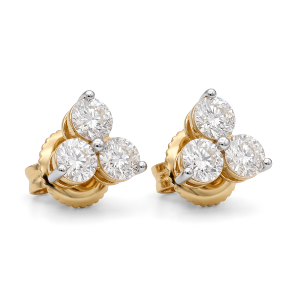 Three Stone Trefoil Floral Cluster Round Diamond Stud Earrings