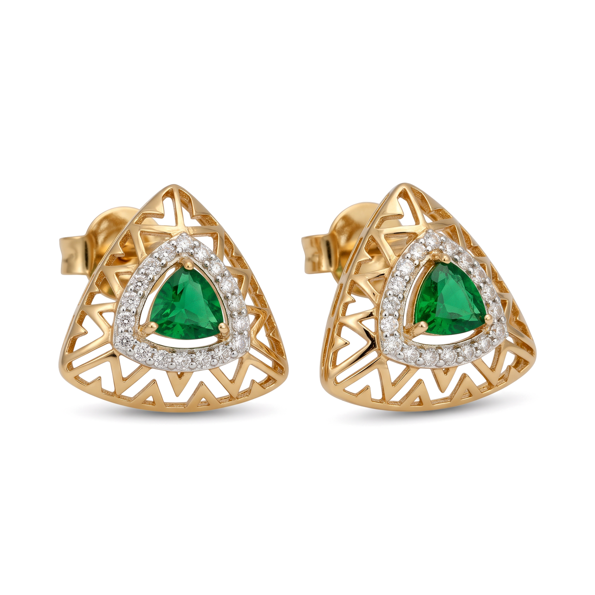 Trillion Halo Chevron Filigree Round Diamond Stud Earrings
