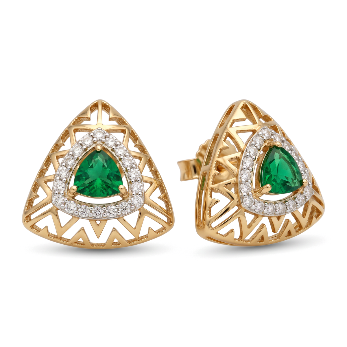 Trillion Halo Chevron Filigree Round Diamond Stud Earrings