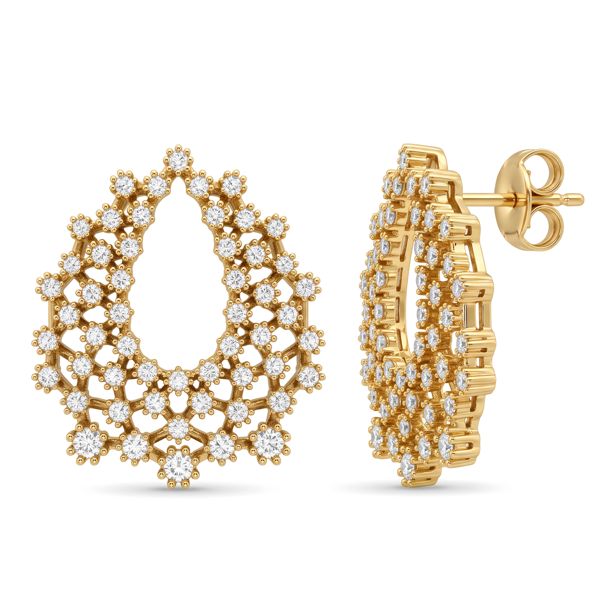 Openwork Scalloped Teardrop Lace Cluster Round Diamond Stud Earrings
