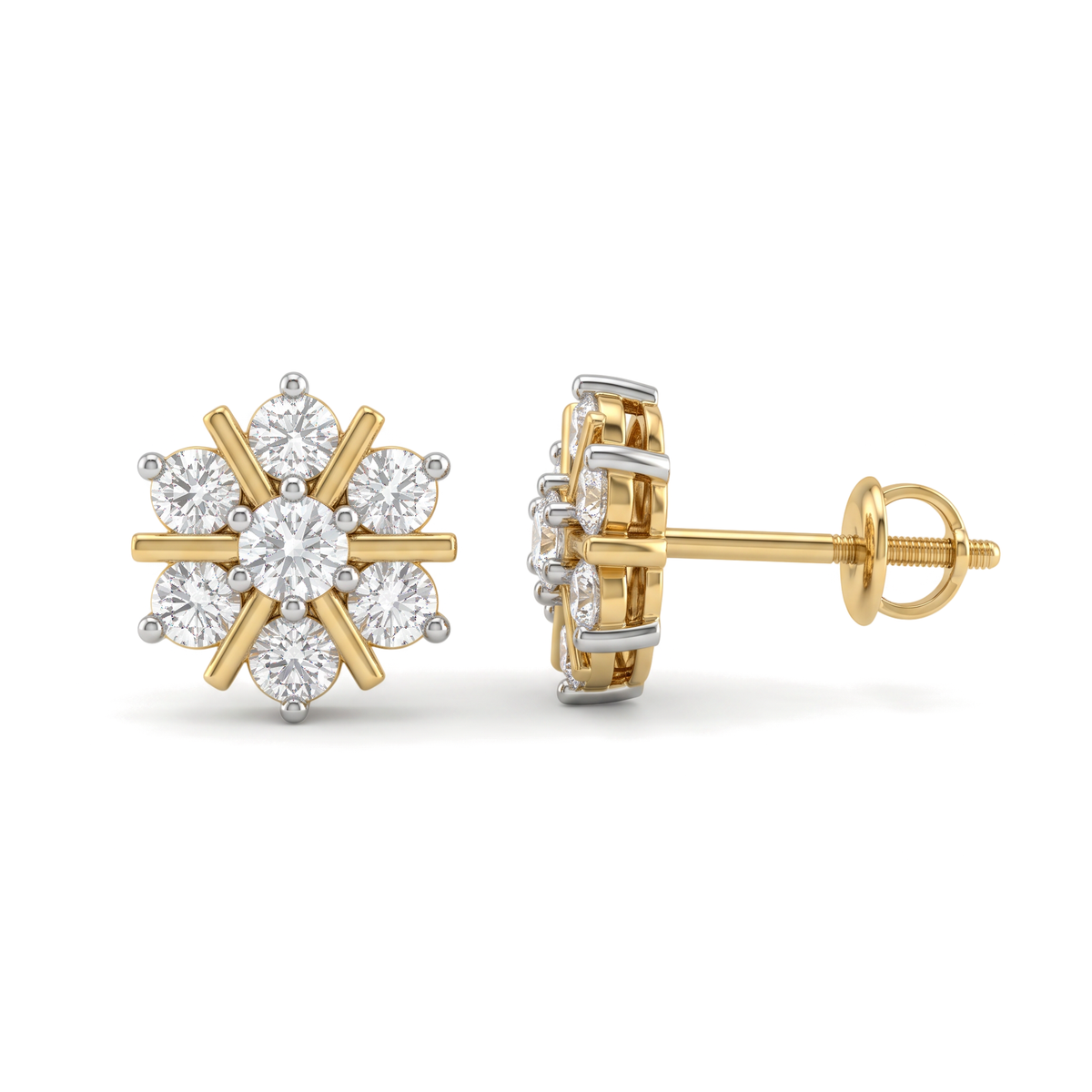 Radiant Snowflake Floral Cluster Round Diamond Stud Earrings