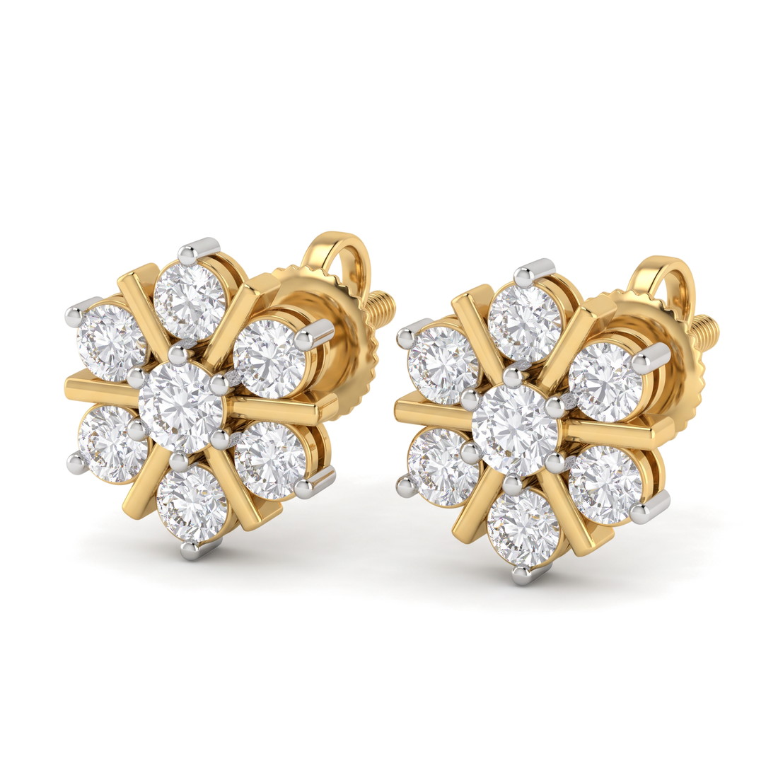 Radiant Snowflake Floral Cluster Round Diamond Stud Earrings