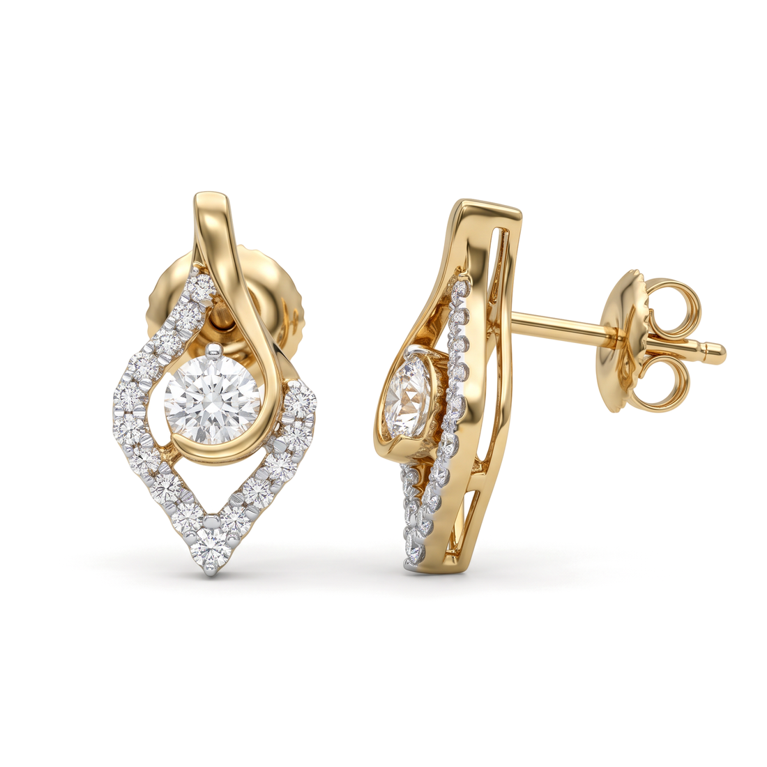 Swirl Ribbon Rhombus Halo Round Diamond Stud Earrings
