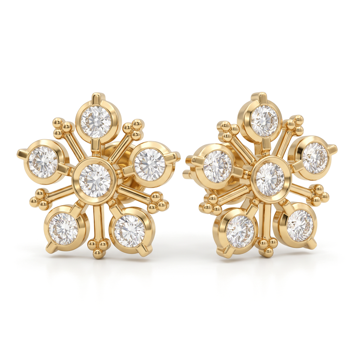 Radiating Floral Bezel Round Diamond Stud Earrings