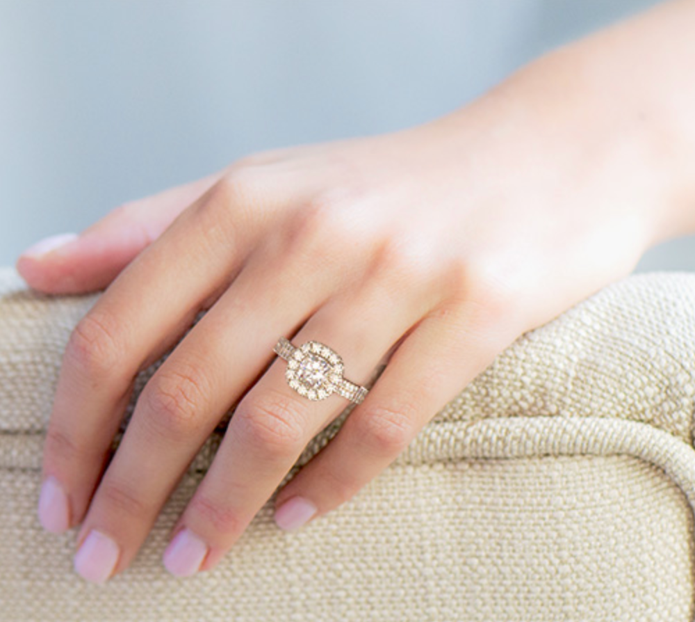 Double Shank Halo Cushion Diamond with Pave Ring