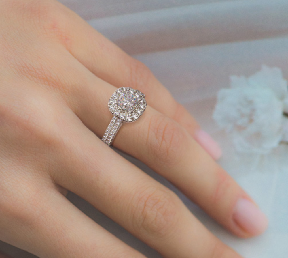 Double Shank Halo Cushion Diamond with Pave Ring