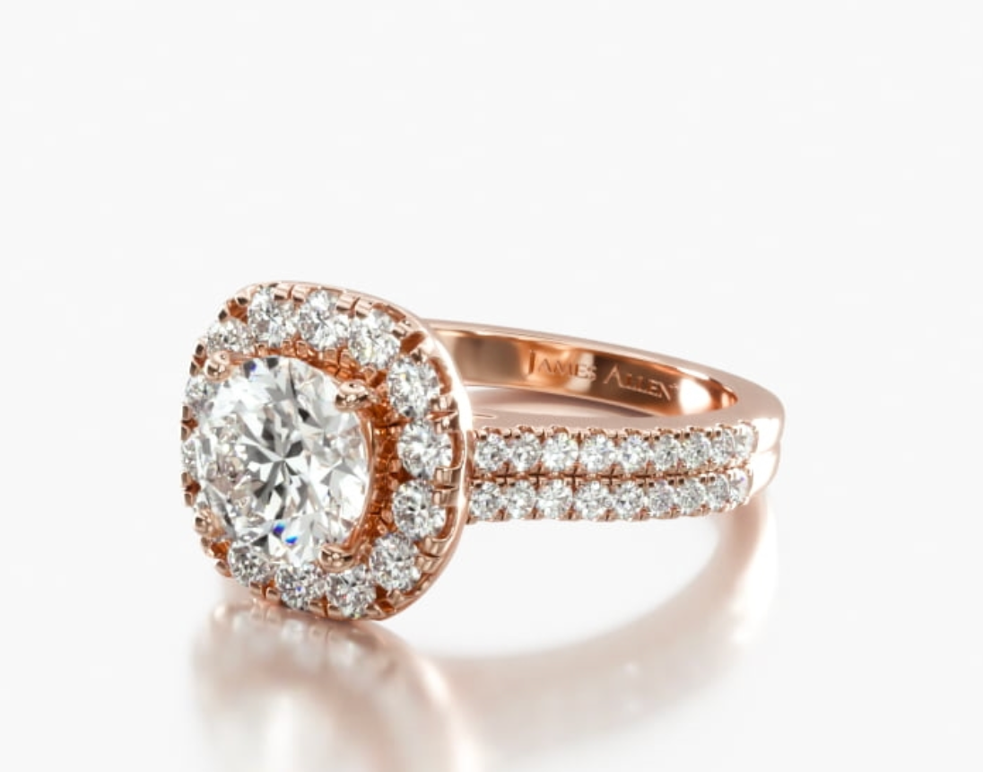 Double Shank Halo Cushion Diamond with Pave Ring