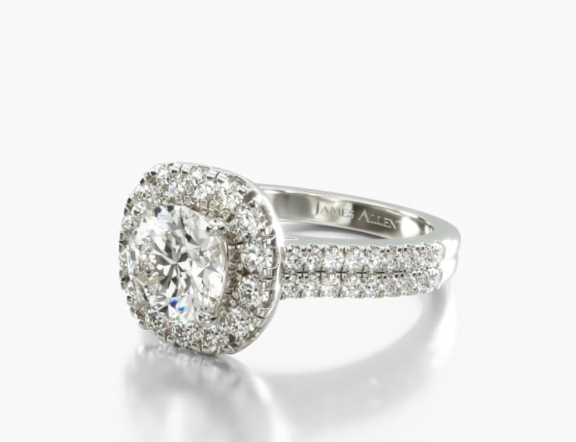 Double Shank Halo Cushion Diamond with Pave Ring