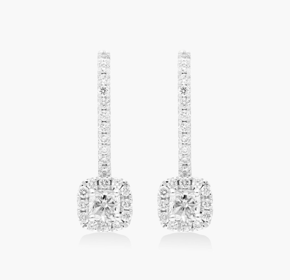 Halo Cushion Cut Diamond Drop Earrings