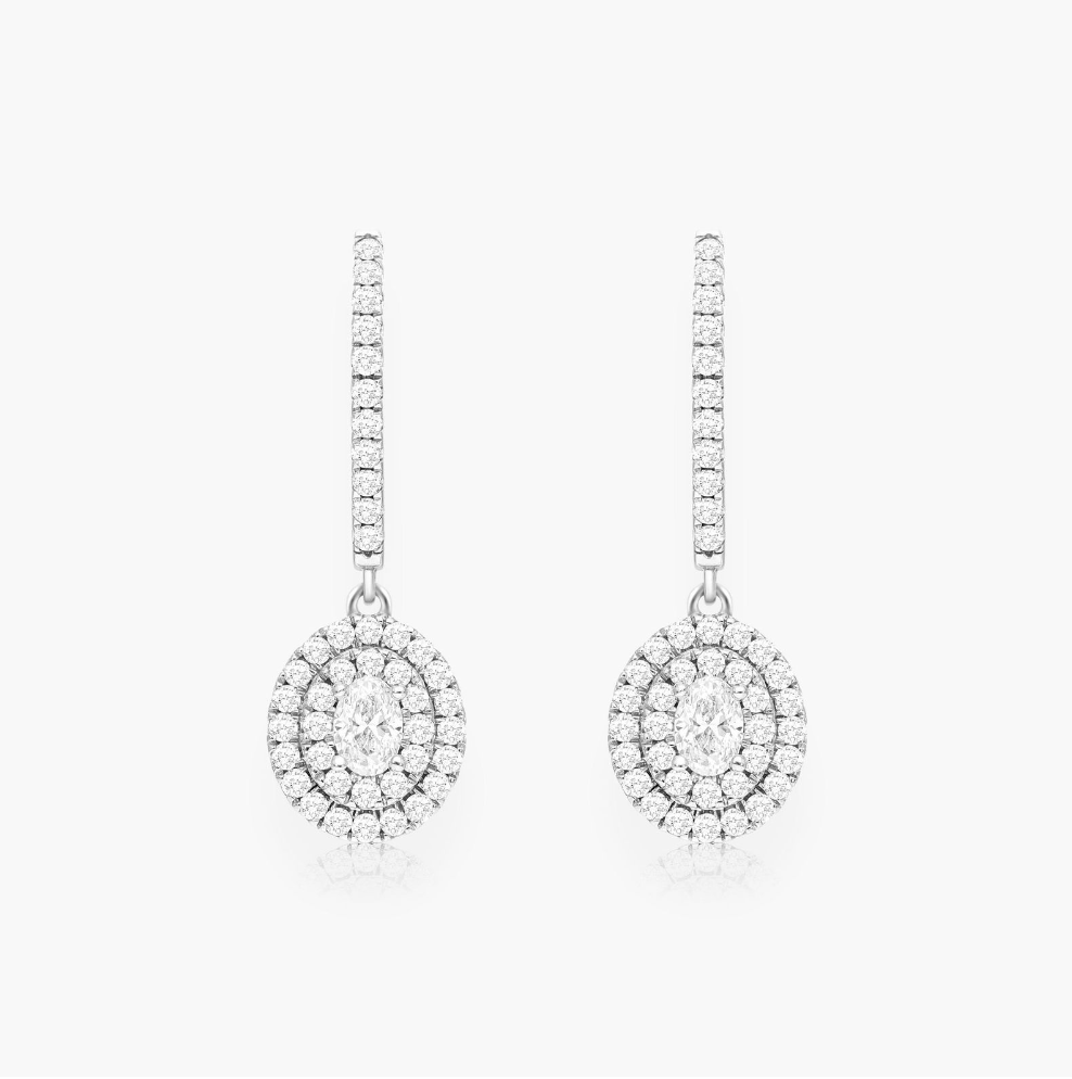 Double Halo Oval Diamond Drop Earrings