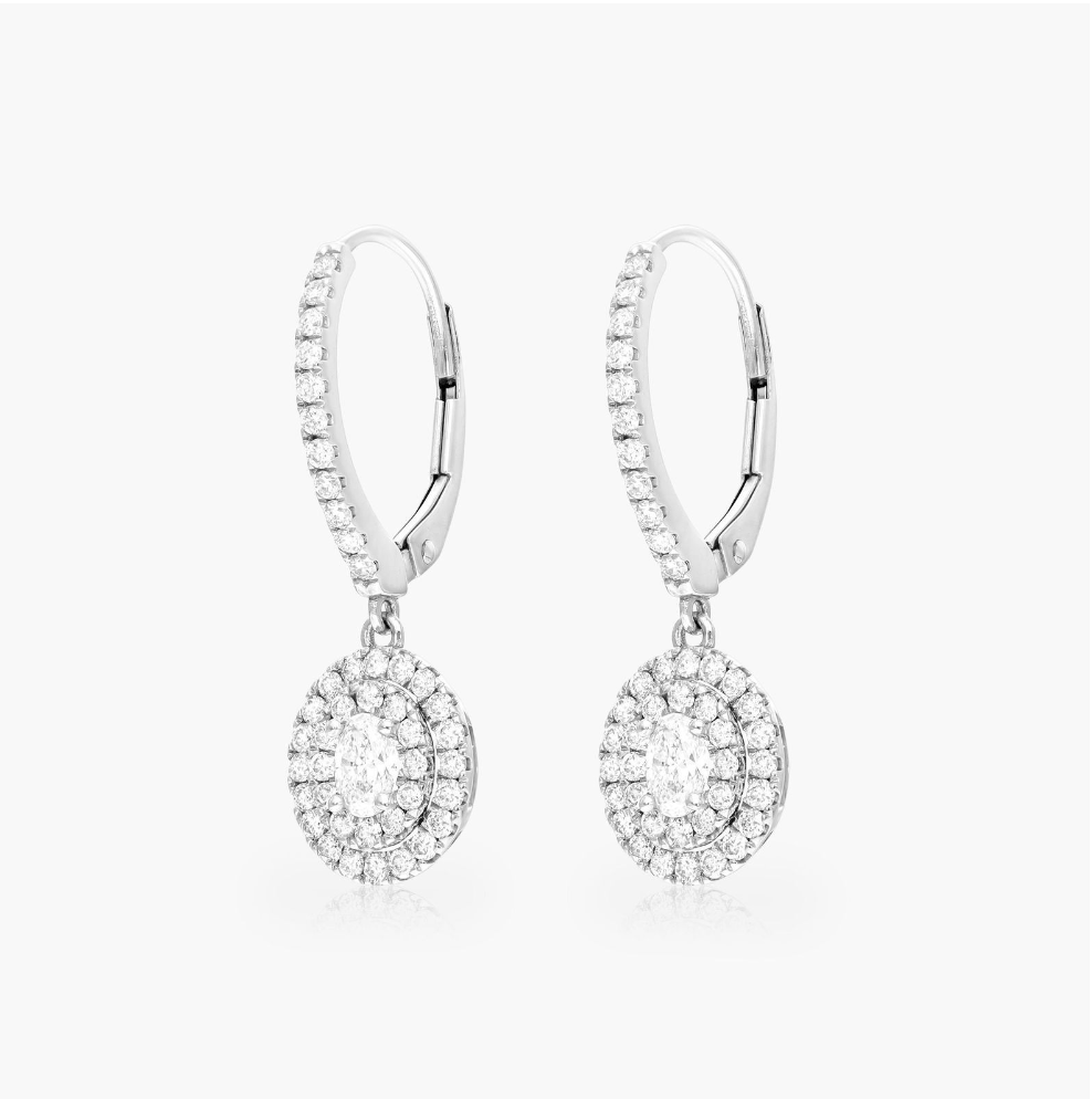 Double Halo Oval Diamond Drop Earrings