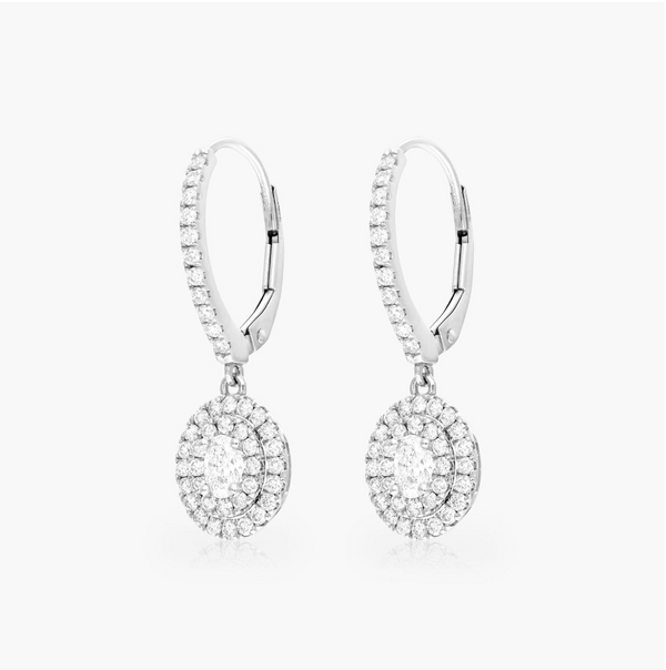 Double Halo Oval Diamond Drop Earrings