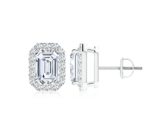 Emerald-Cut Diamond Halo Stud Earrings