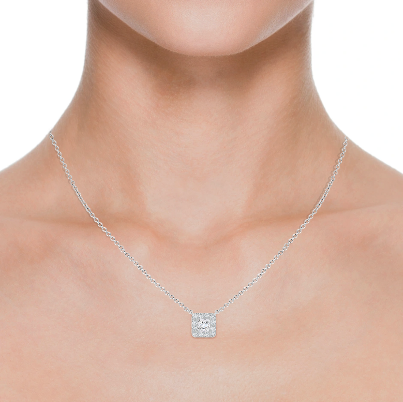 Princess-Cut Diamond Halo Pendant with Chain