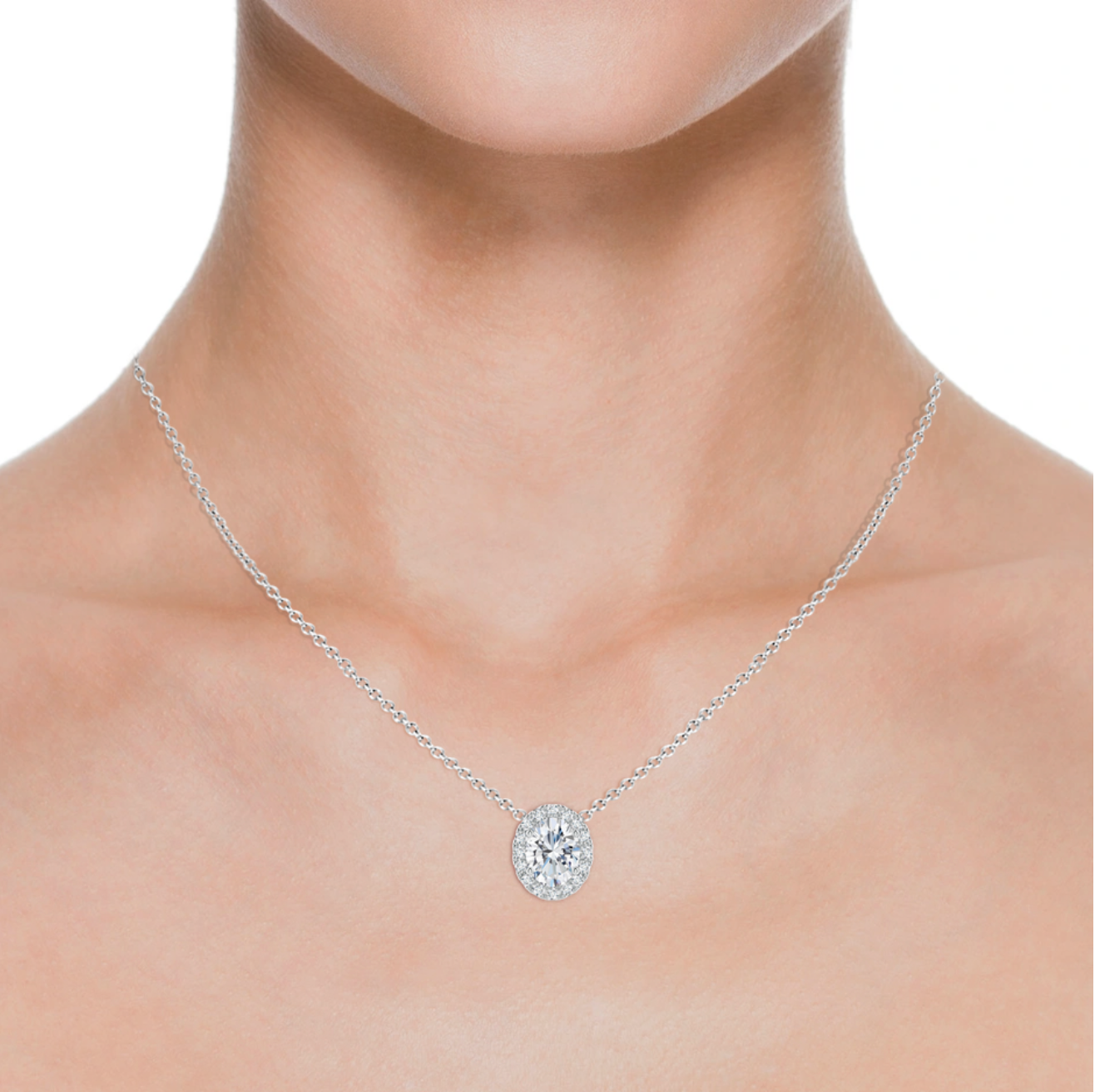 Oval Diamond Halo Pendant with Chain