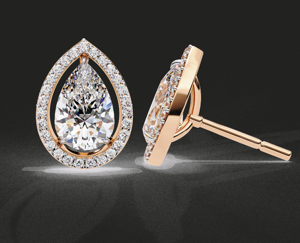 Classic Pear Solitaire With Halo Diamond Stud Earrings