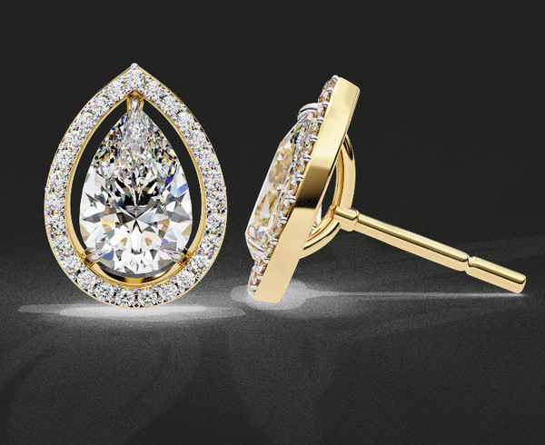 Classic Pear Solitaire With Halo Diamond Stud Earrings