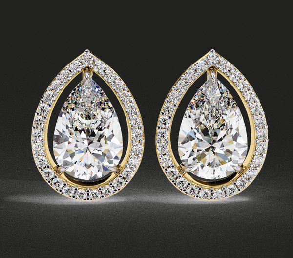 Classic Pear Solitaire With Halo Diamond Stud Earrings