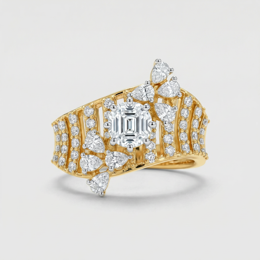 Chevron Emerald Accent Lab Grown Diamond Ring