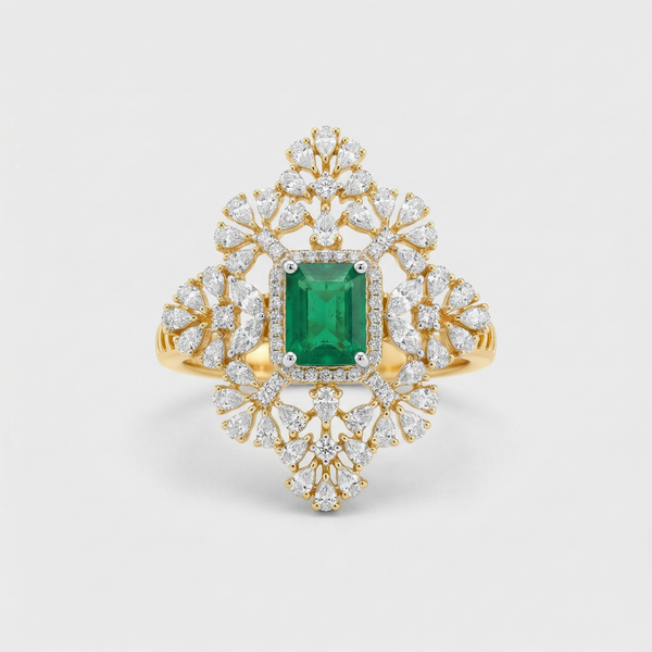 Regal Emerald Cluster Lab Grown Diamond Ring