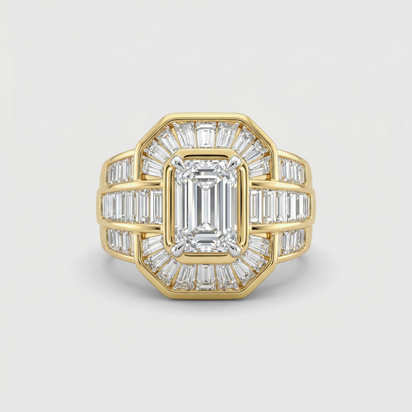 Art Deco Baguette Halo Lab Grown Diamond Ring