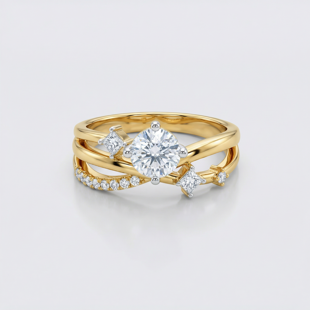 Princess Accent Wave Round Solitaire Ring
