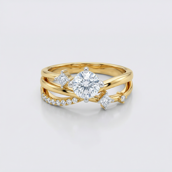 Princess Accent Wave Round Solitaire Ring