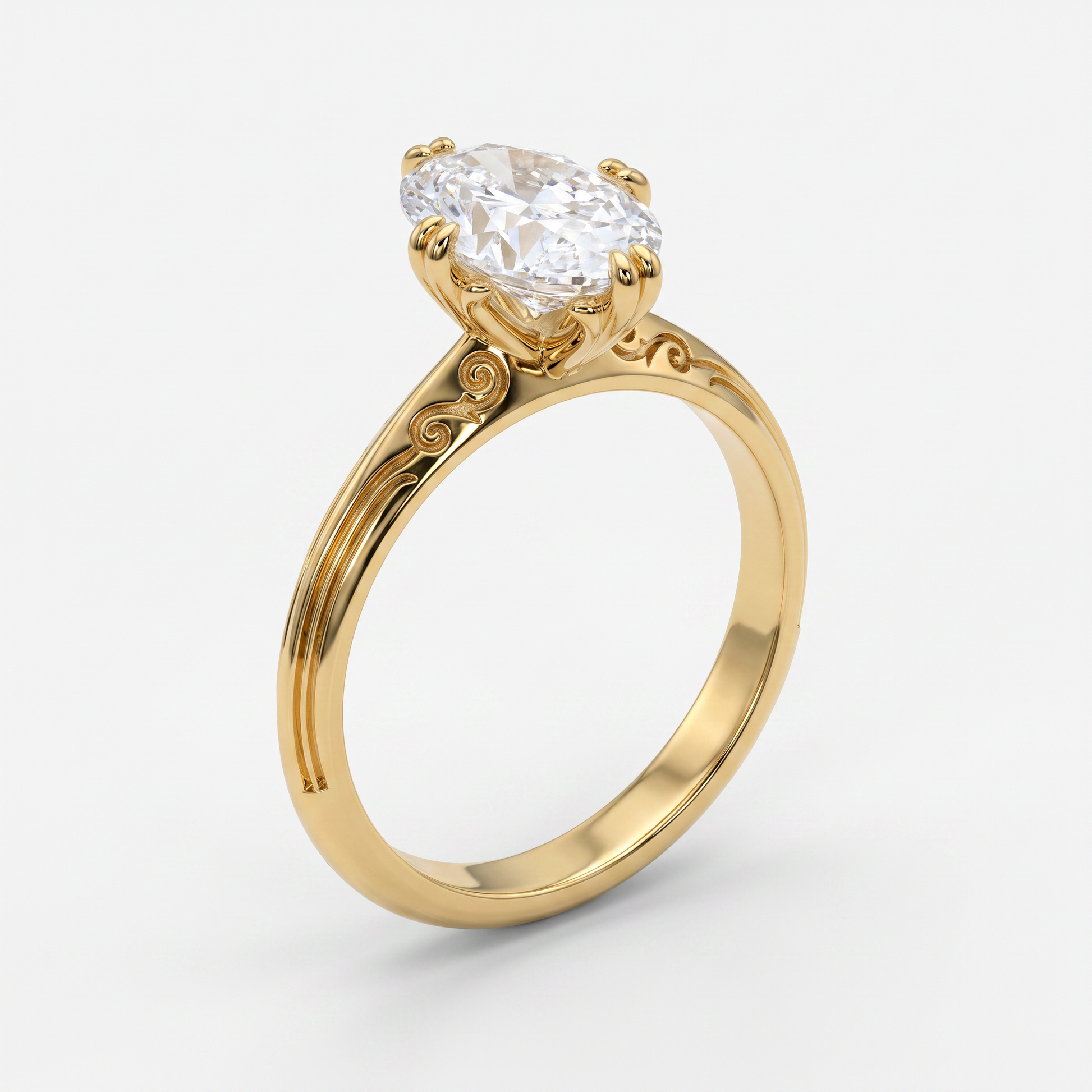 A yellow gold ring with an oval-cut clear gemstone in a prong setting, shown on a clean white background.