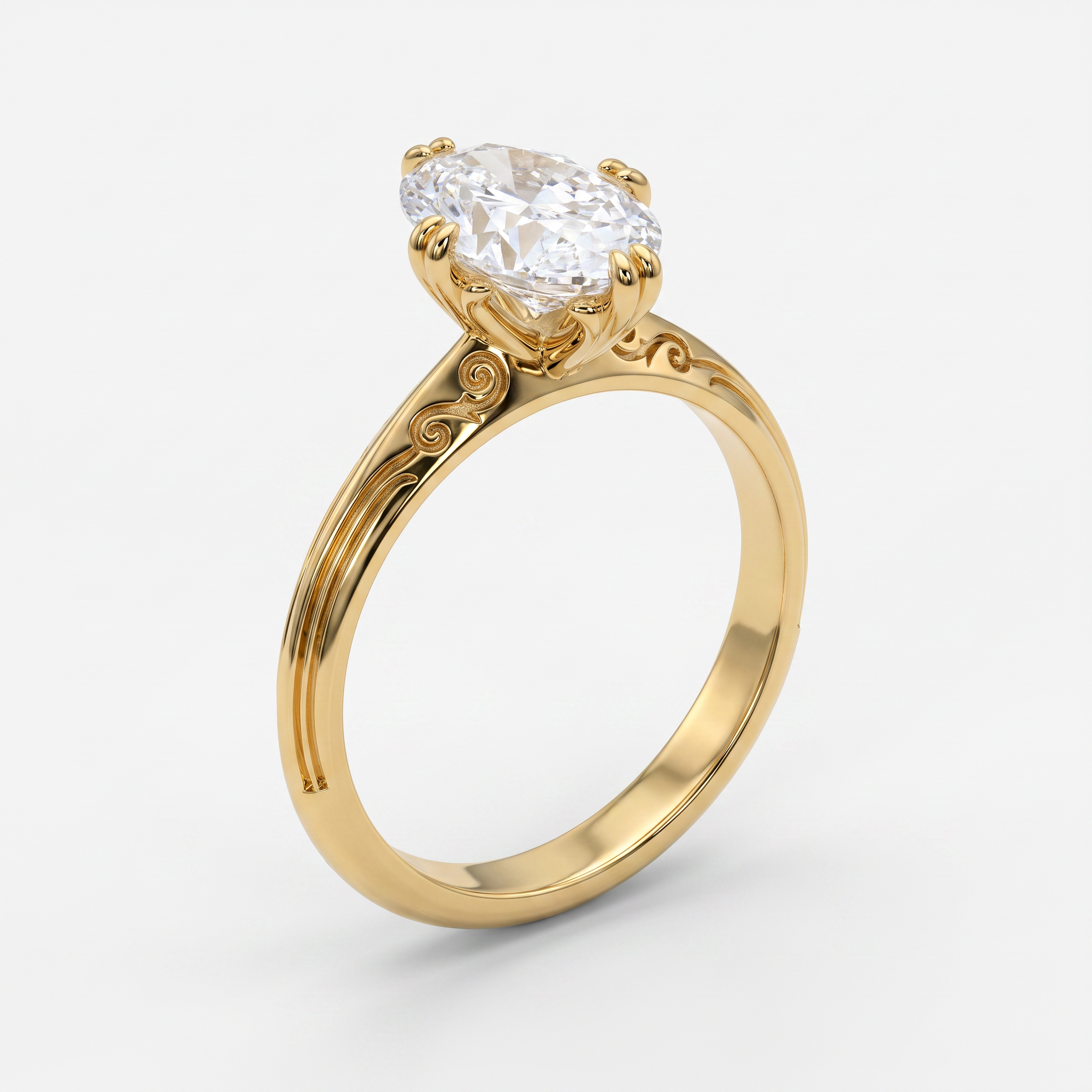 A yellow gold ring with an oval-cut clear gemstone in a prong setting, shown on a clean white background.