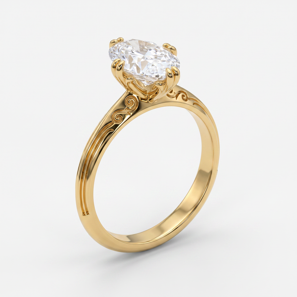 A yellow gold ring with an oval-cut clear gemstone in a prong setting, shown on a clean white background.