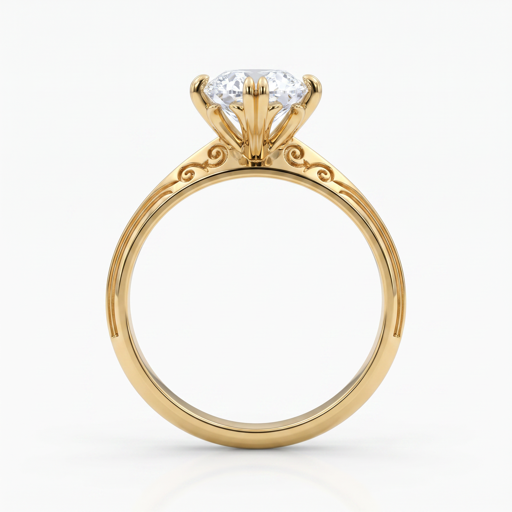 A yellow gold solitaire engagement ring with a round brilliant-cut diamond set in a four-prong crown, shown on a clean white background.