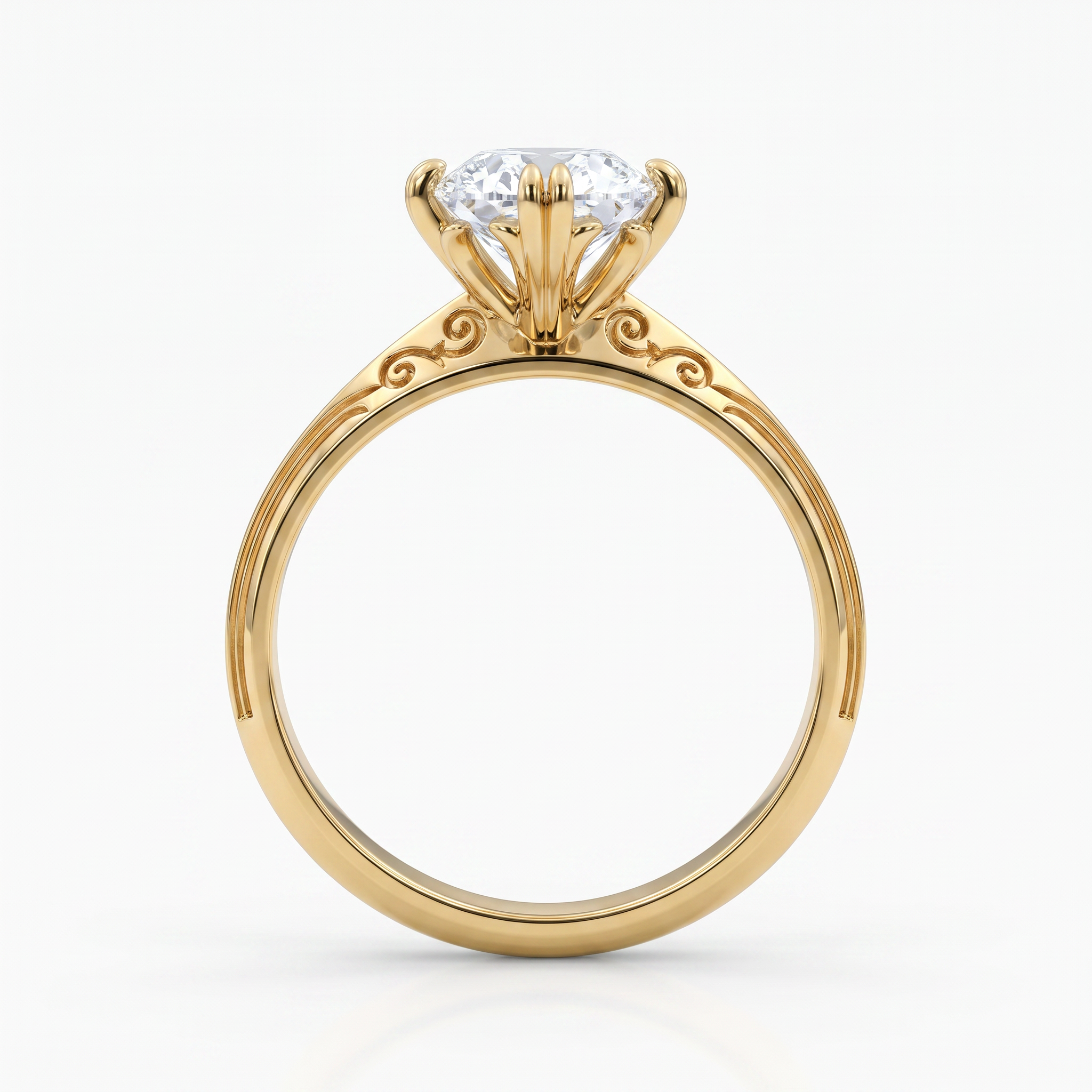 A yellow gold solitaire engagement ring with a round brilliant-cut diamond set in a four-prong crown, shown on a clean white background.